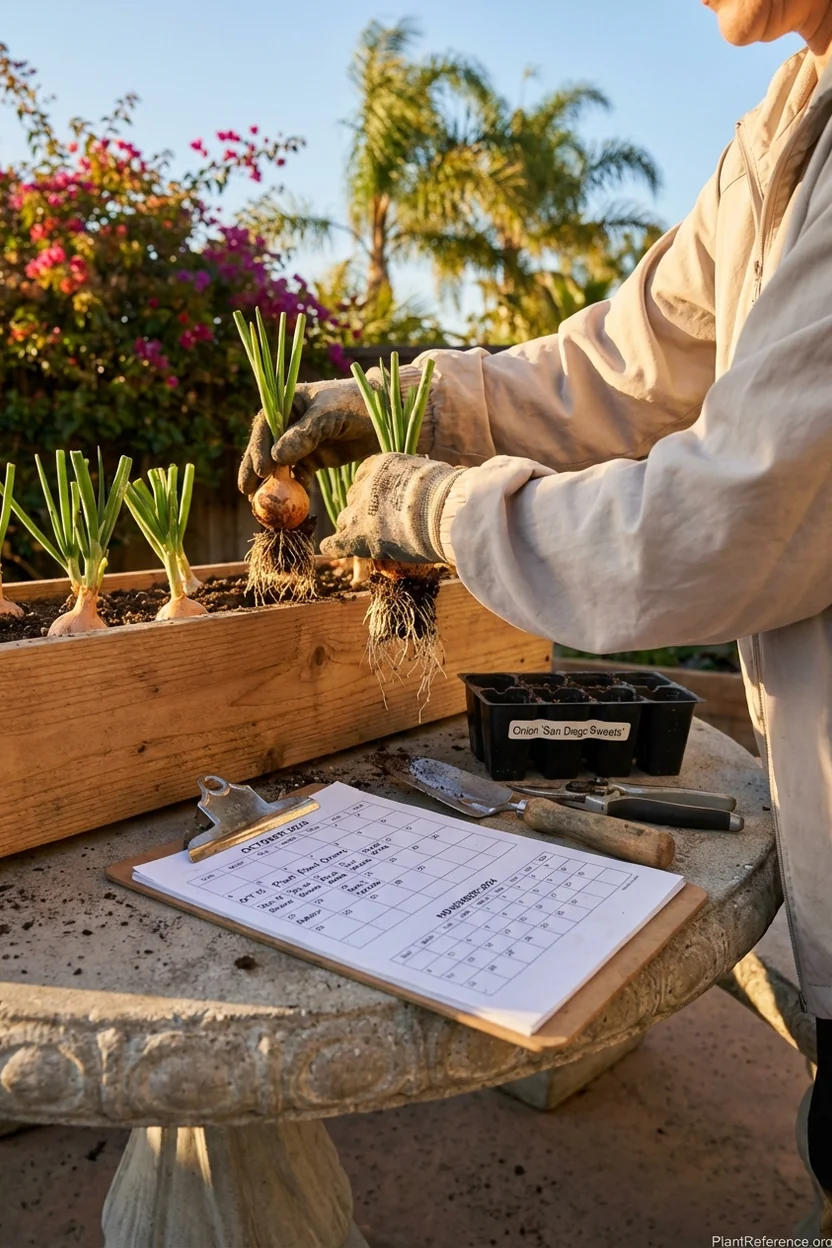 San Diego onion planting calendar showing October through December planting window