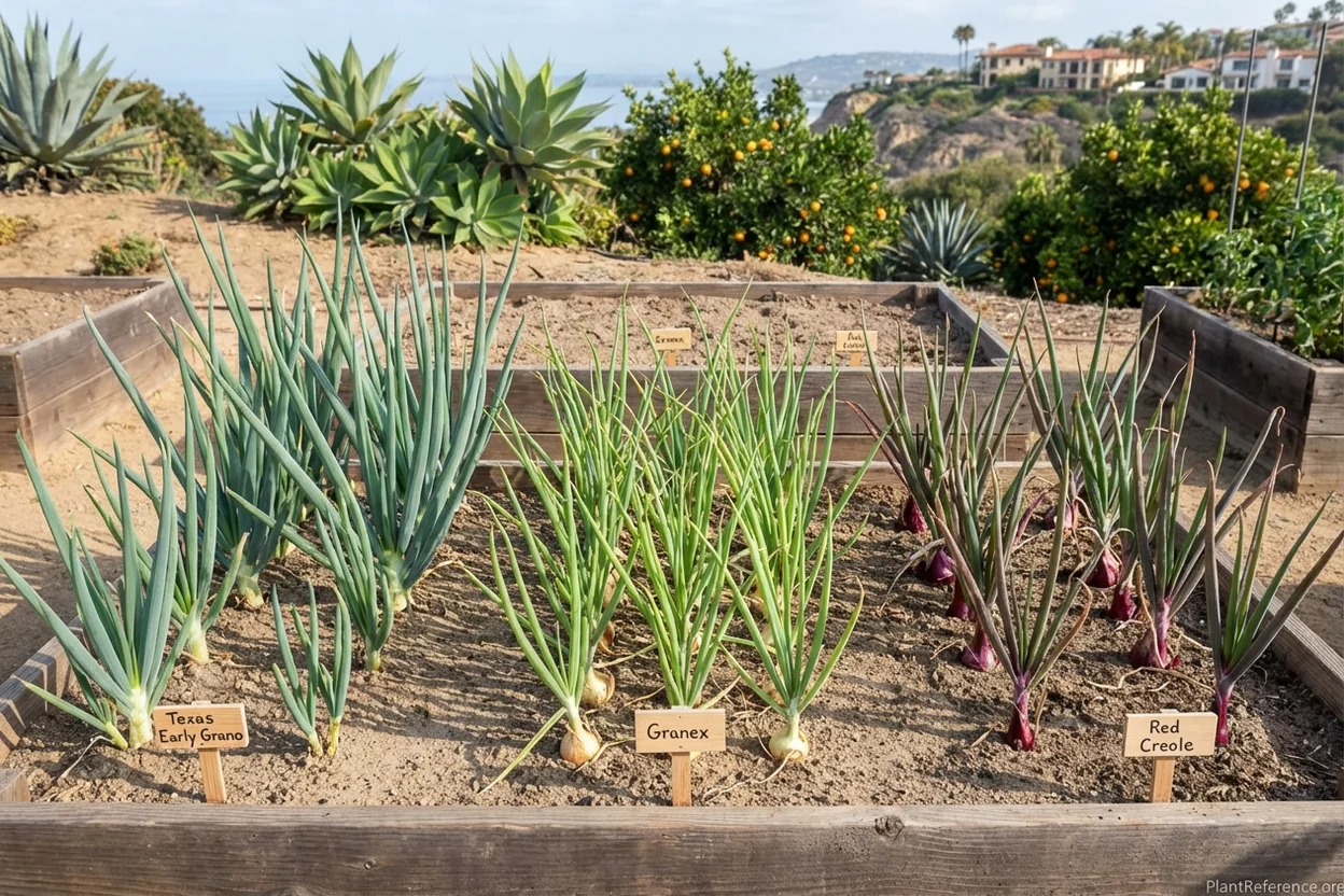 Different short-day onion varieties growing in San Diego Zone 10b climate