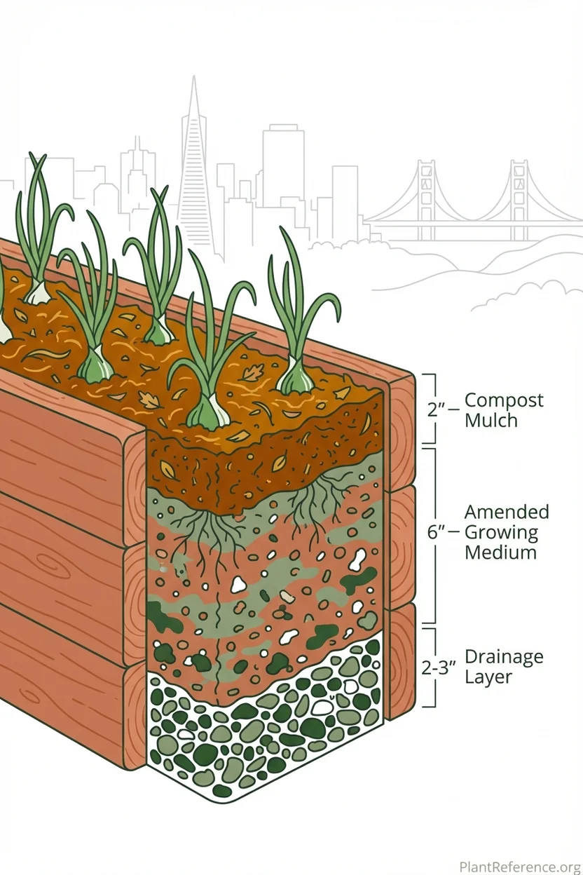 Raised bed with drainage layers for growing onions in San Francisco clay soil