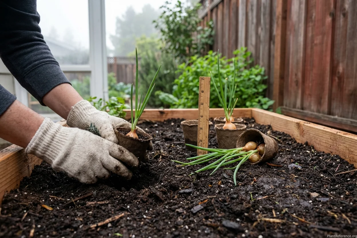 Planting onion transplants in San Francisco garden with proper 4-6 inch spacing