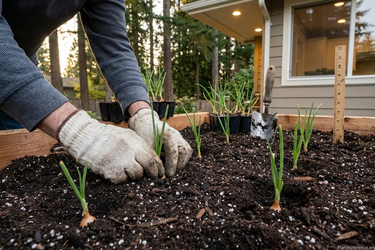 Proper technique for planting onion transplants in Seattle Zone 8b raised garden bed