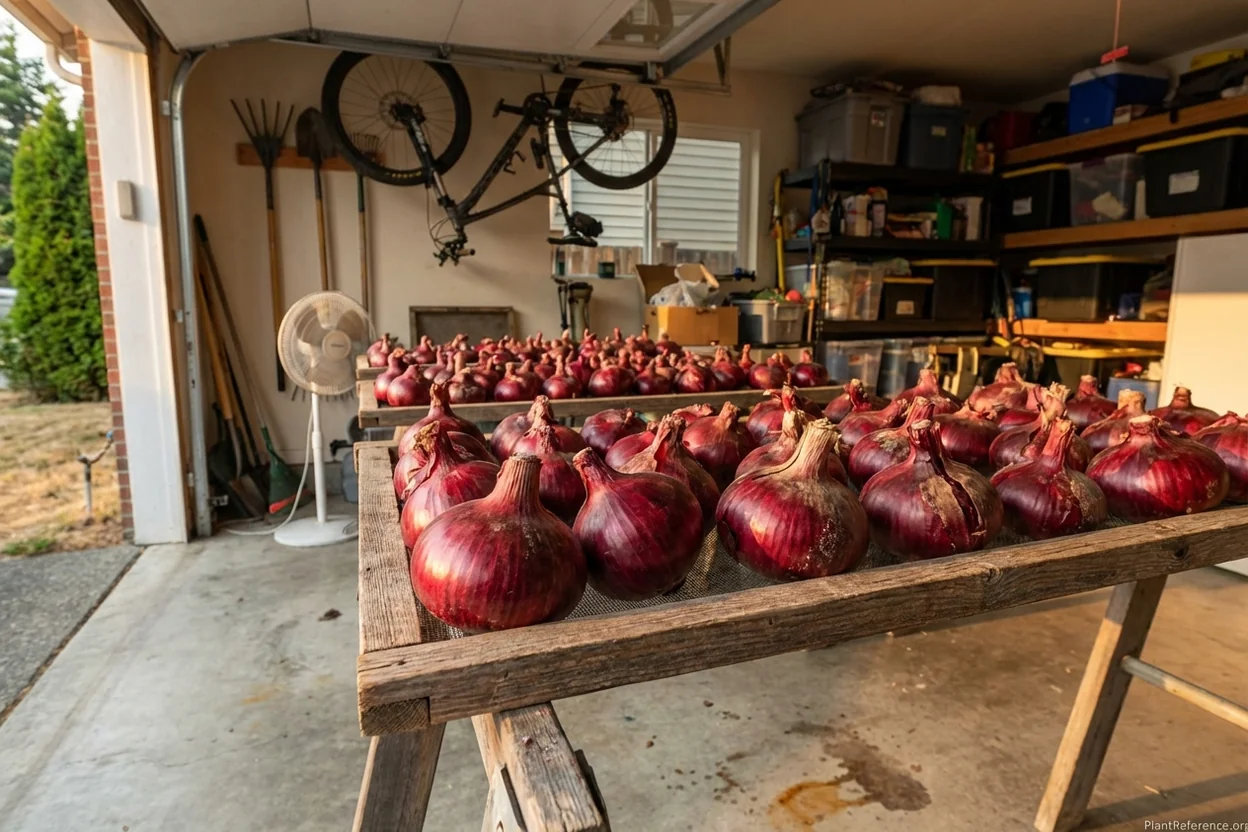Red Wing onions curing on drying screens in Seattle garage for winter storage