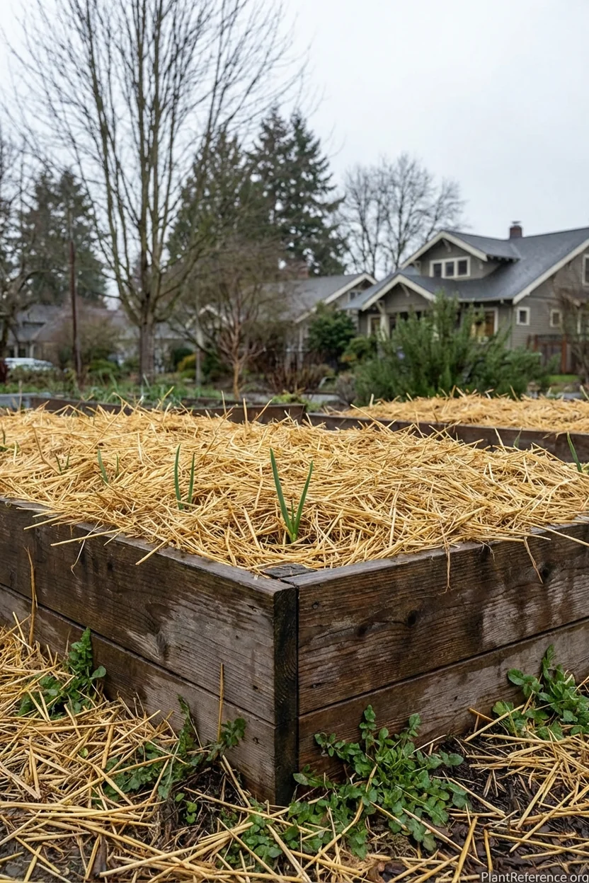 Fall-planted onions with straw mulch protection in Seattle Zone 8b winter garden