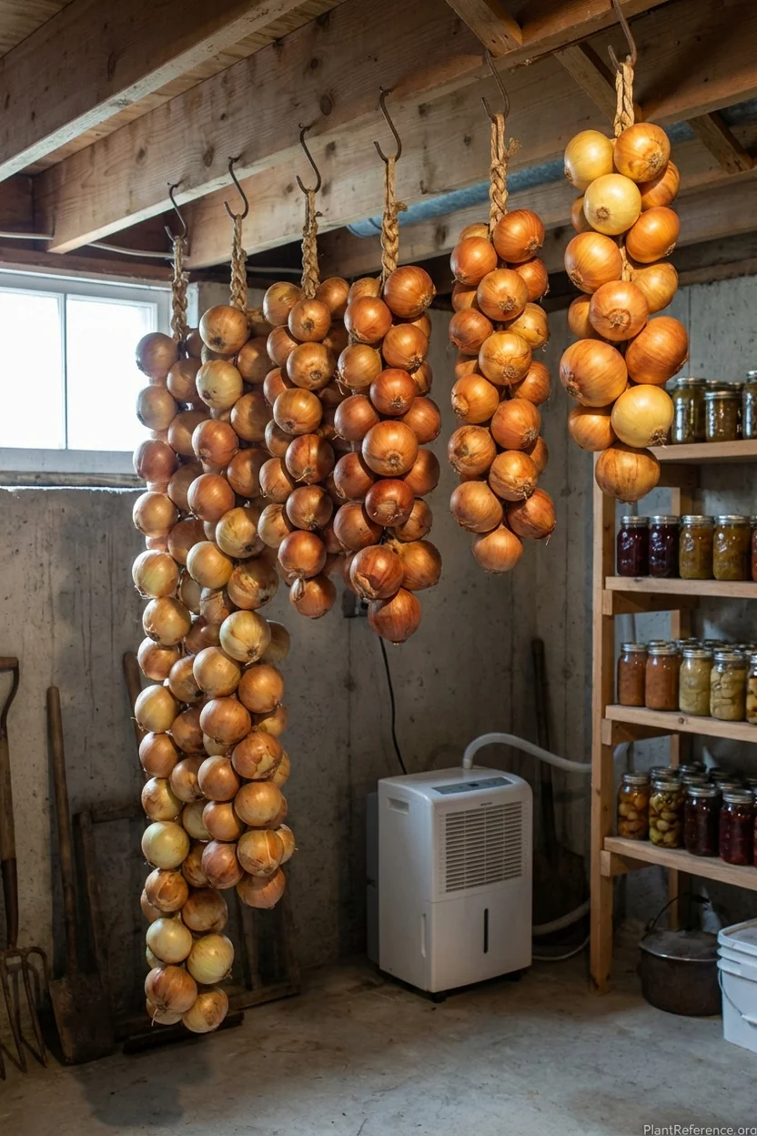 Braided storage onions hanging in cool Seattle basement for winter keeping