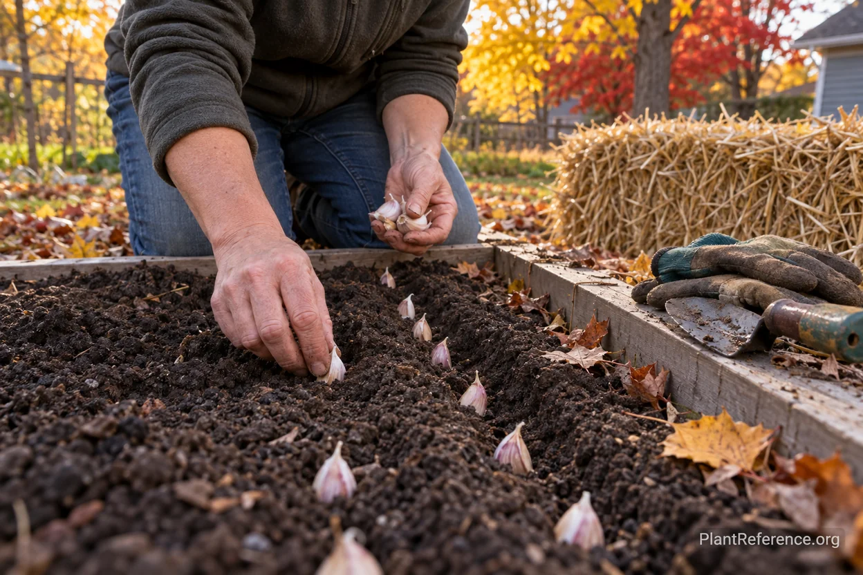 Fall garlic planting in a Minneapolis raised bed with cloves spaced and ready for winter mulch