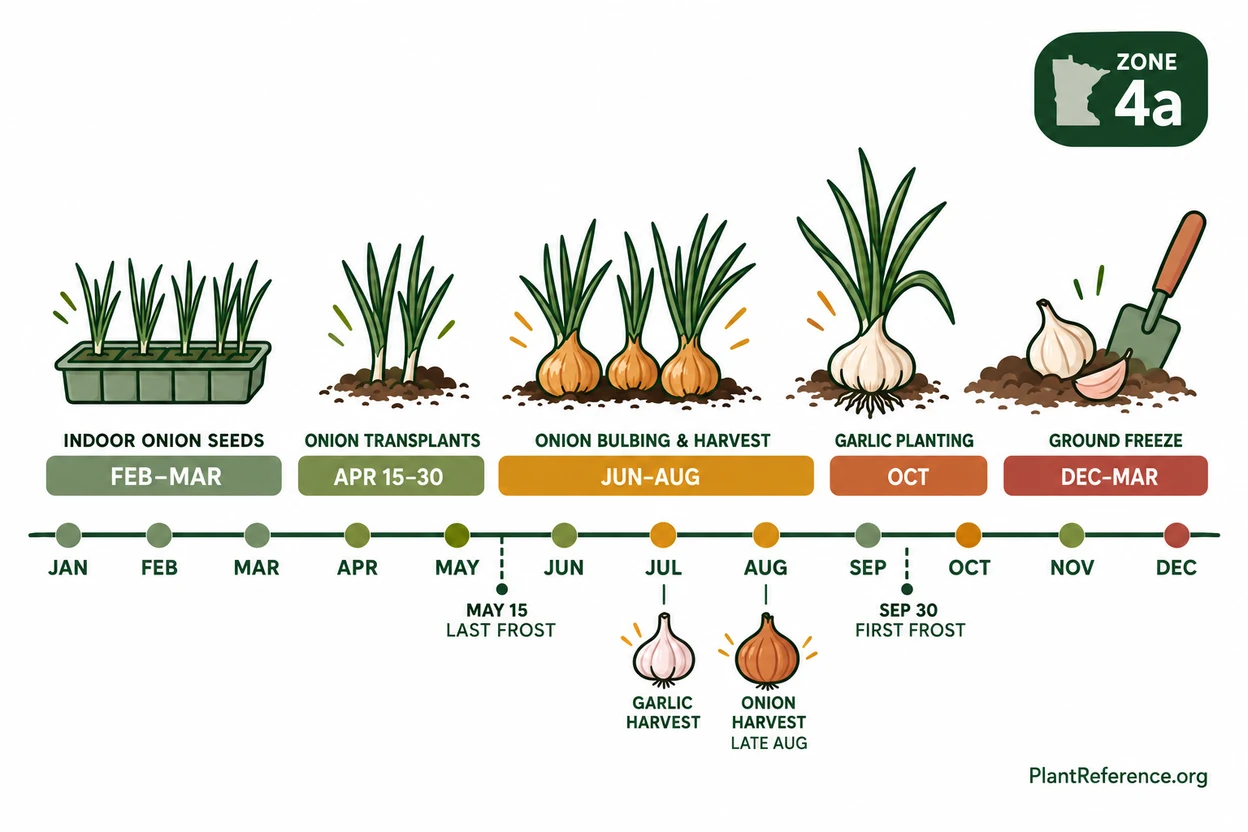 Minneapolis onion and garlic planting calendar showing indoor start transplant and fall garlic dates for Zone 4a