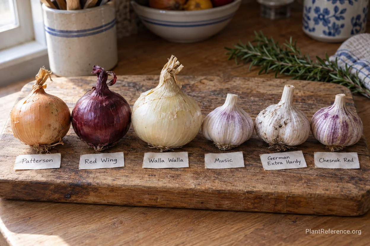 Long-day onion varieties and Minnesota hardneck garlic compared side by side for Zone 4a