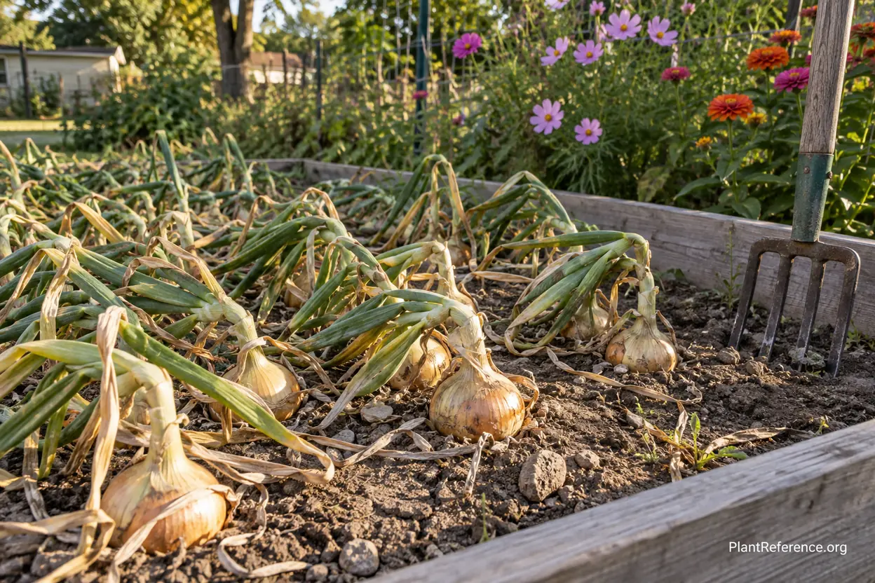 Mature onion plants in a Minneapolis garden with tops bent over signaling ready harvest in Zone 4a