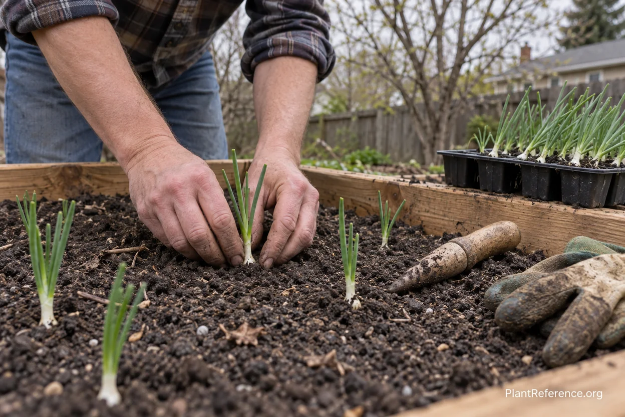 Gardener transplanting young onion seedlings into a Minneapolis raised garden bed in spring