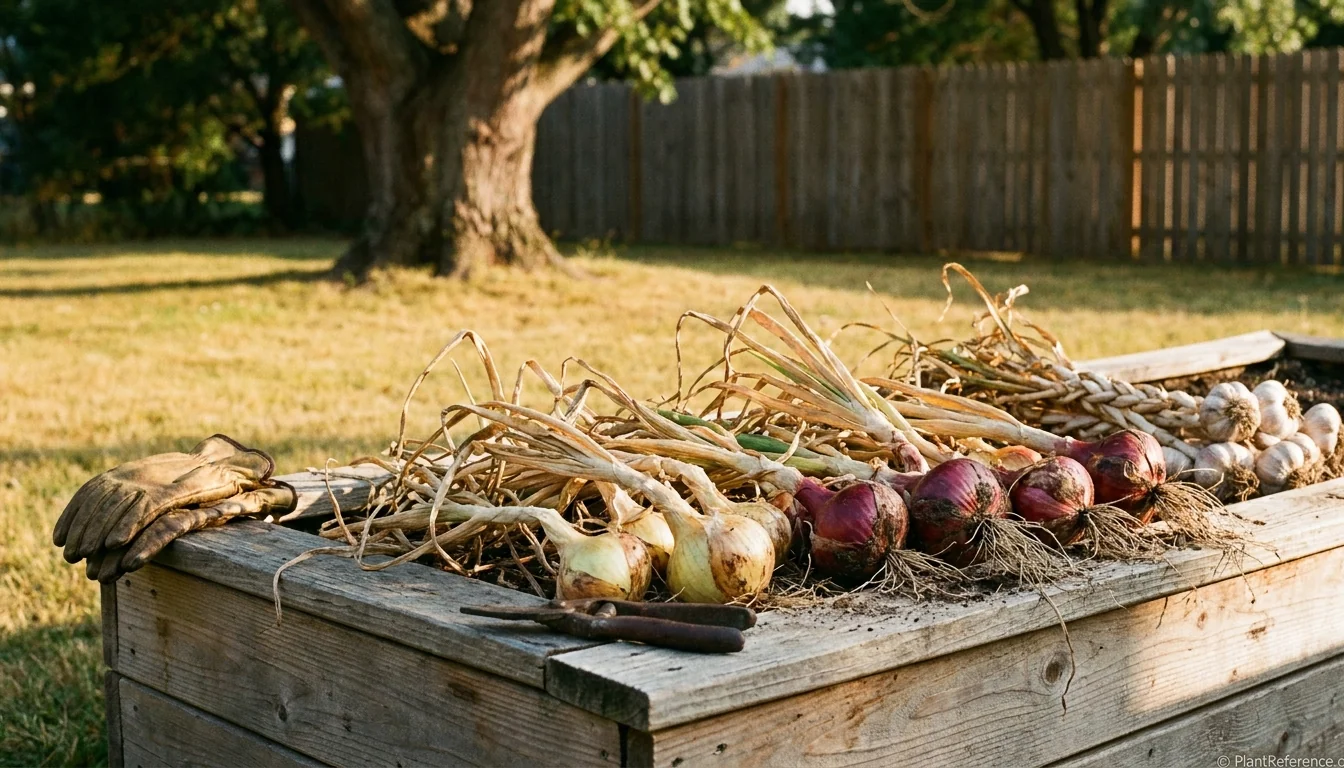 Long-day onions and garlic curing on a Minneapolis raised bed garden in late summer Zone 4a