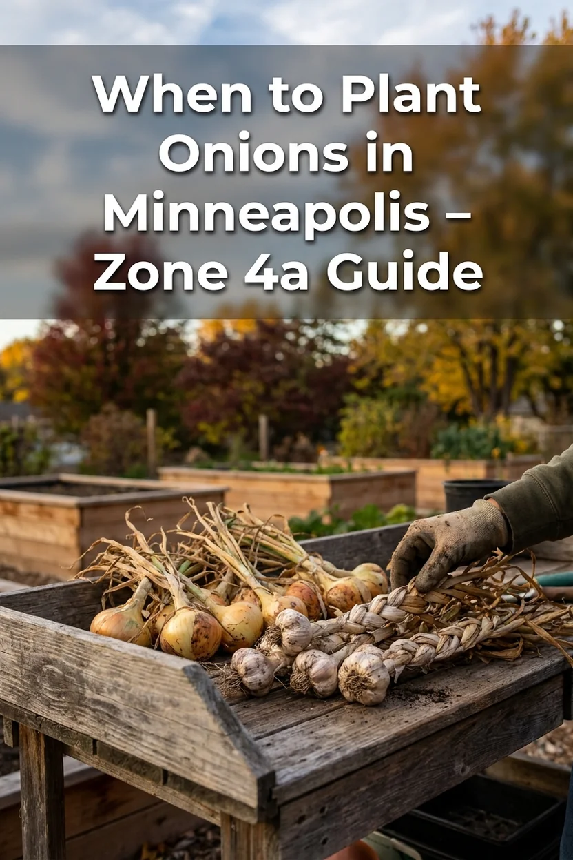Minneapolis onion planting calendar showing indoor start transplant and garlic timing for Zone 4a