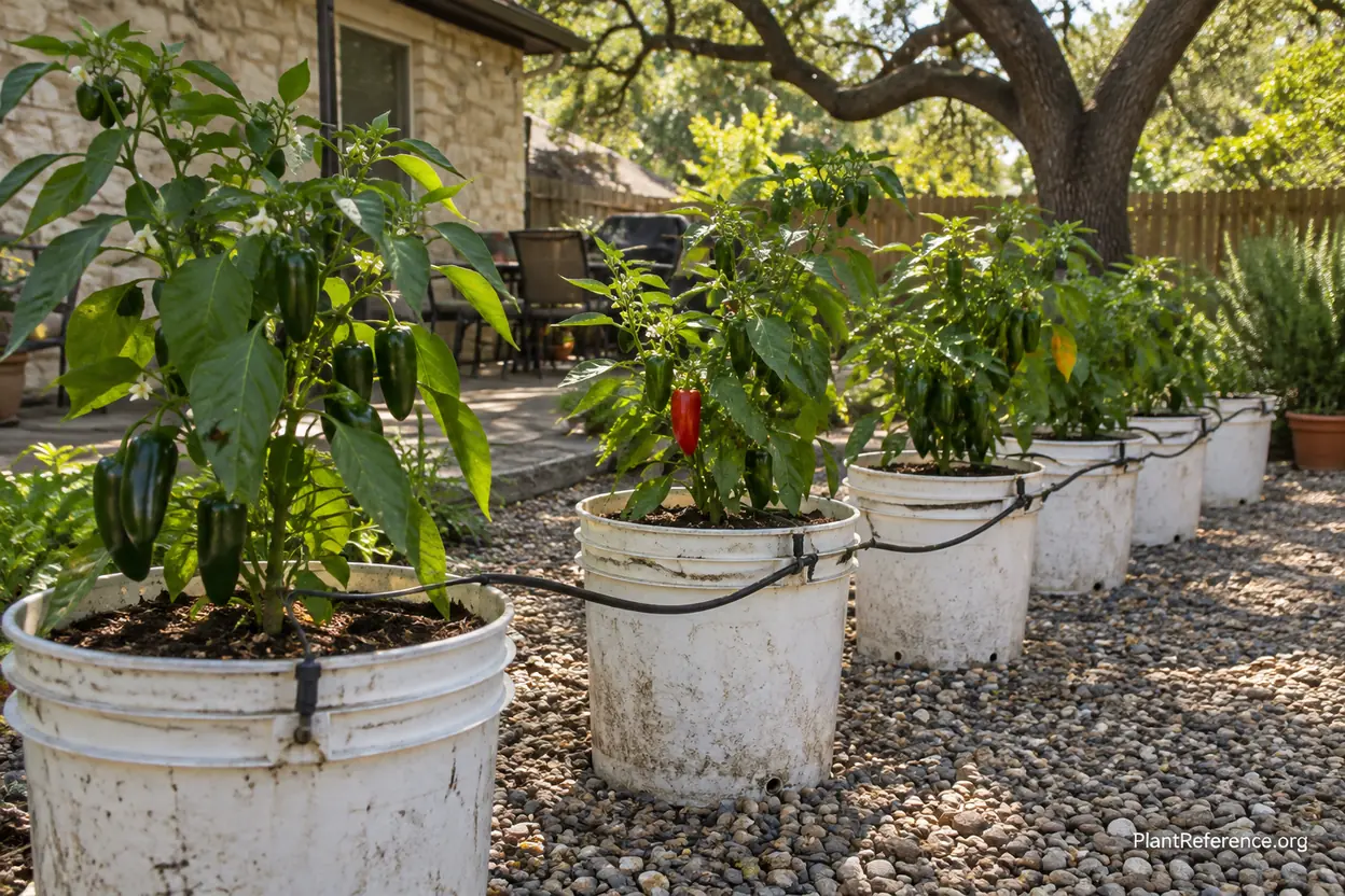 Pepper plants growing in five-gallon buckets on Austin patio with drip irrigation