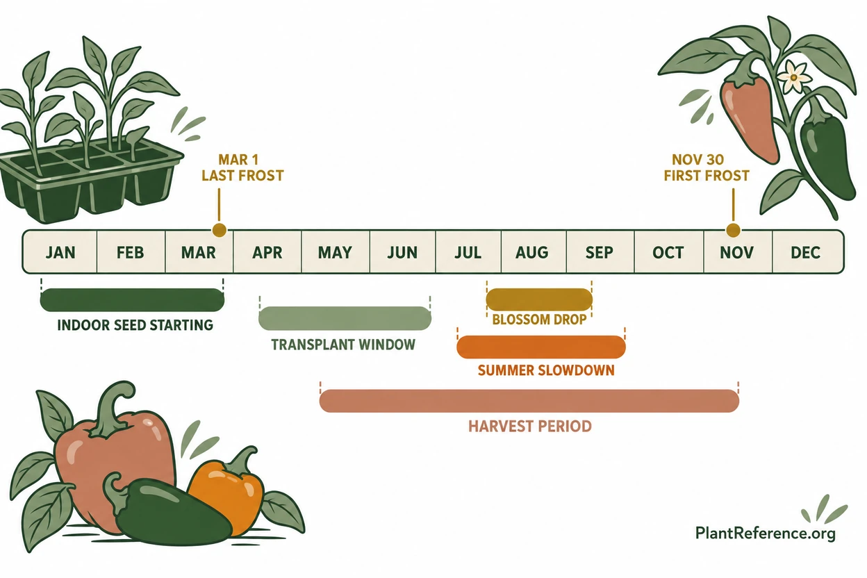 Austin pepper planting calendar showing March through November production window