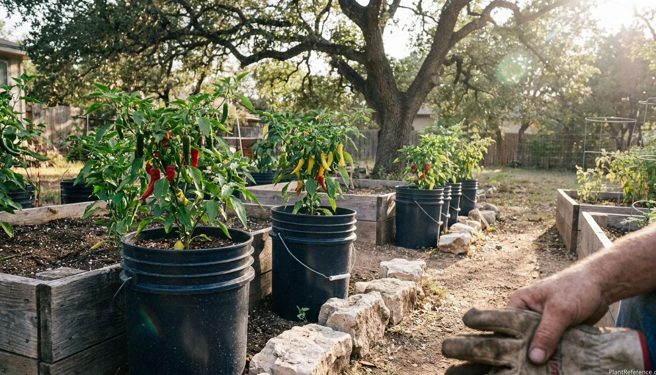Pepper plants growing in five-gallon buckets and raised beds in Austin Zone 8b garden