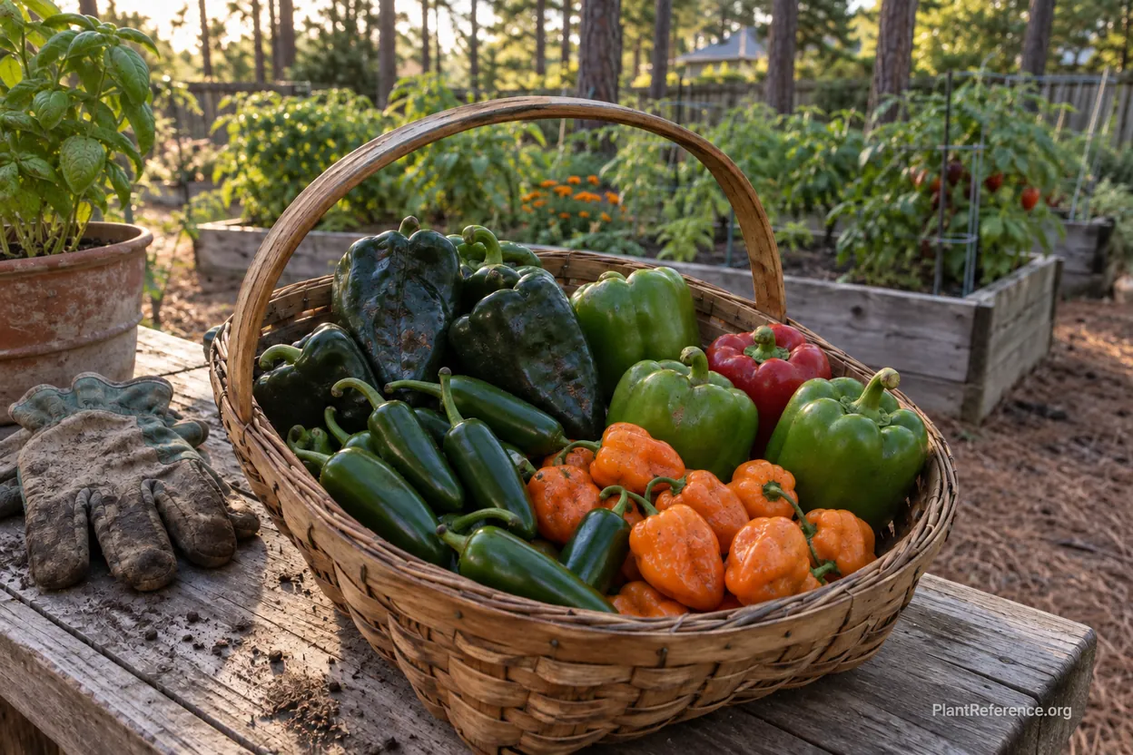 Colorful pepper harvest from Houston Zone 9a garden showing multiple varieties