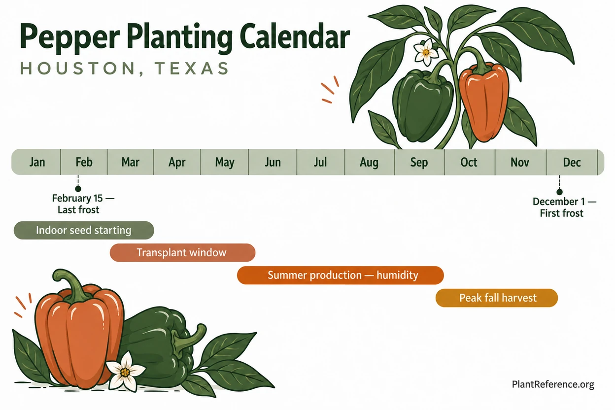 Houston pepper planting calendar showing March through November production for Zone 9a