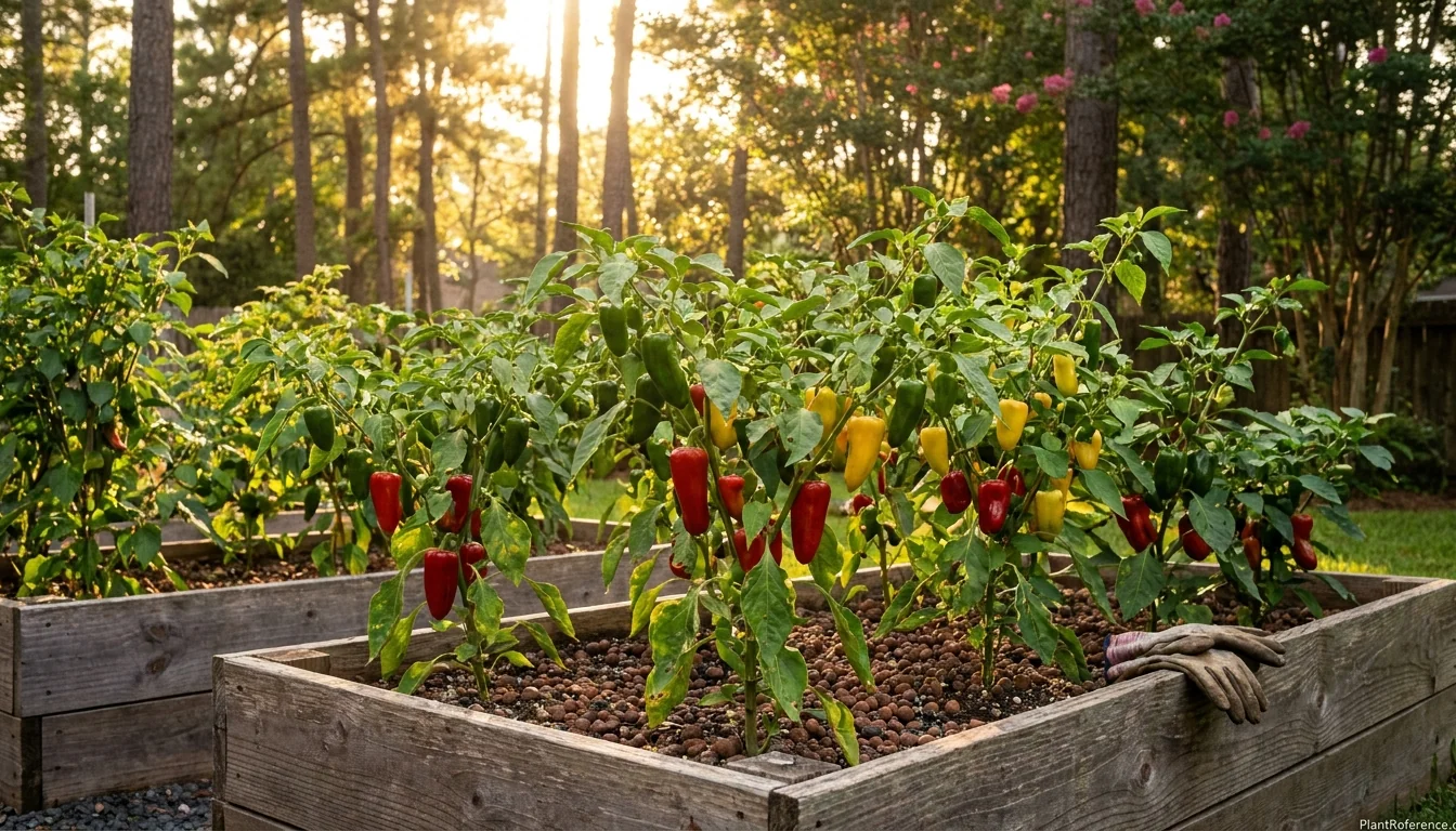Pepper plants growing in raised beds with expanded shale amendment in Houston Zone 9a garden
