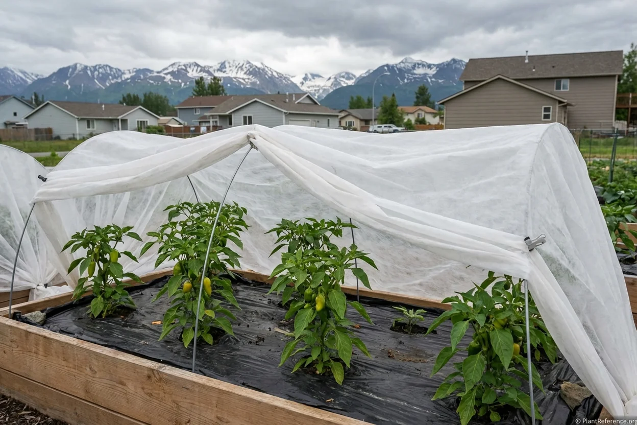Pepper plants protected with row covers in Anchorage Alaska garden