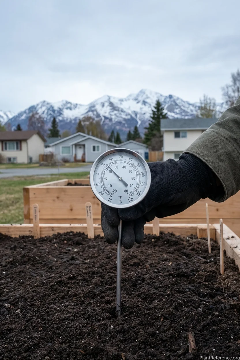 Checking soil temperature before planting peppers in Anchorage Alaska garden