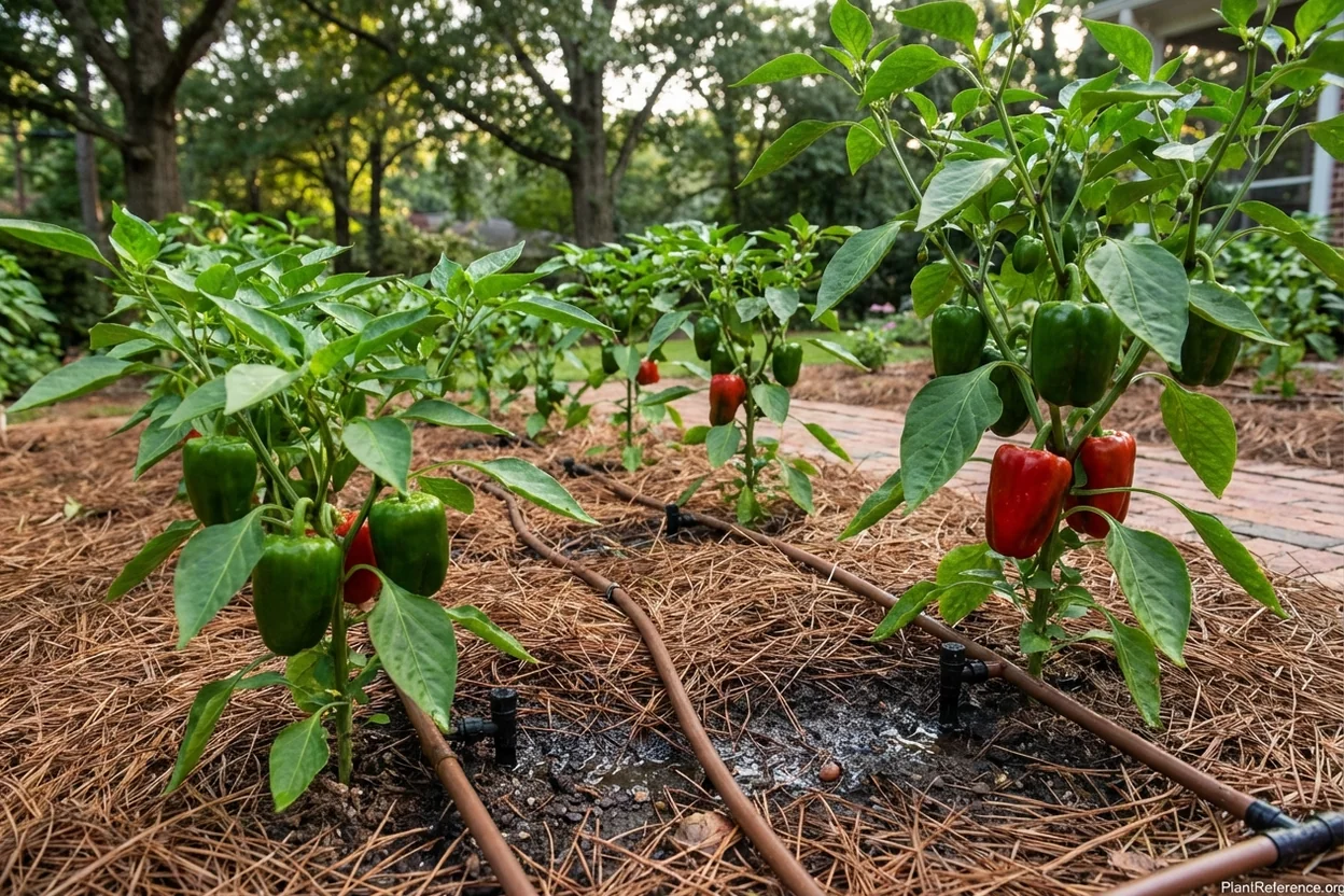 Drip irrigation system watering pepper plants in Atlanta garden with organic mulch