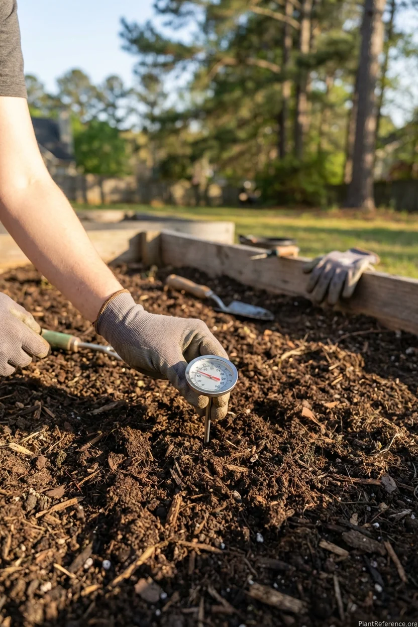 Checking soil temperature in Atlanta garden bed before planting peppers in Zone 8a