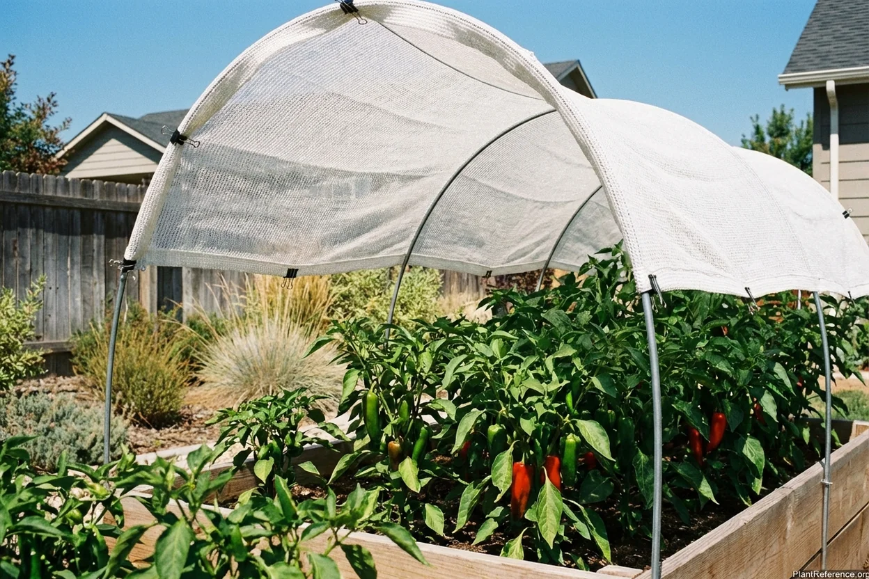 White shade cloth installed over pepper plants in Boise garden to prevent sunscald