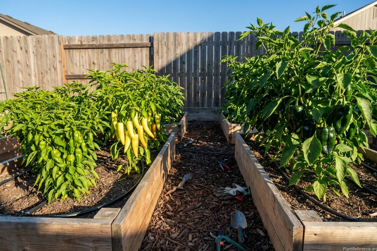 Different pepper varieties growing side by side in Boise garden showing size and growth differences