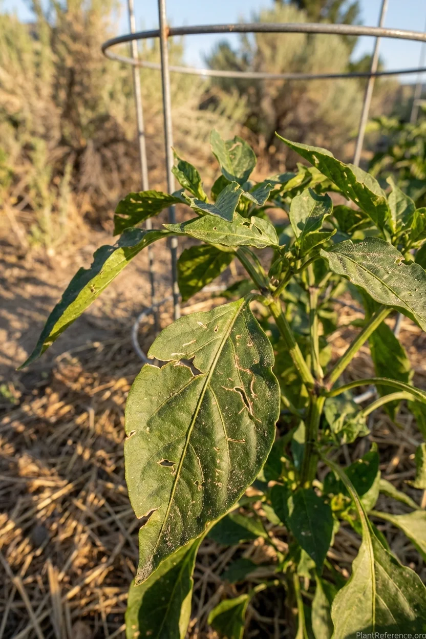 Pepper plant leaves showing damage from Boise wind and blowing sand