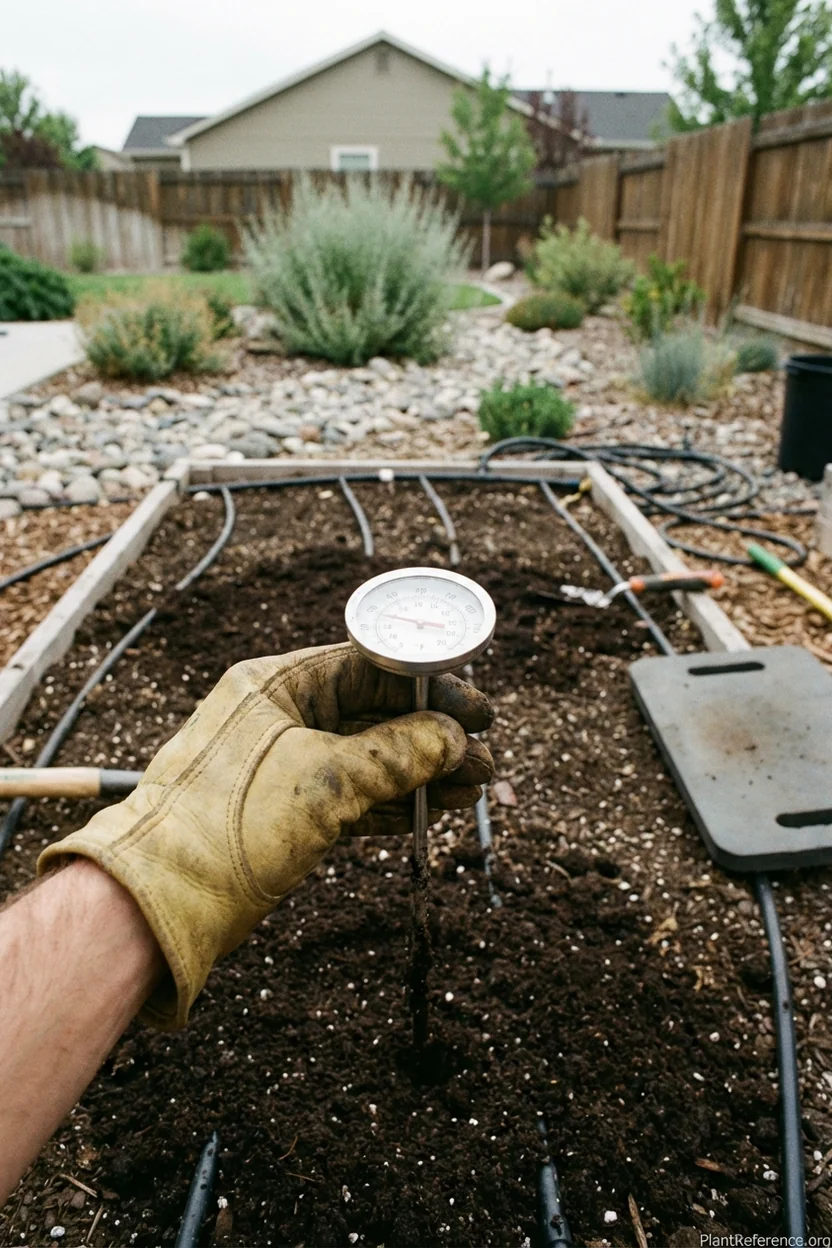 Hand holding soil thermometer showing 58°F temperature in prepared garden bed