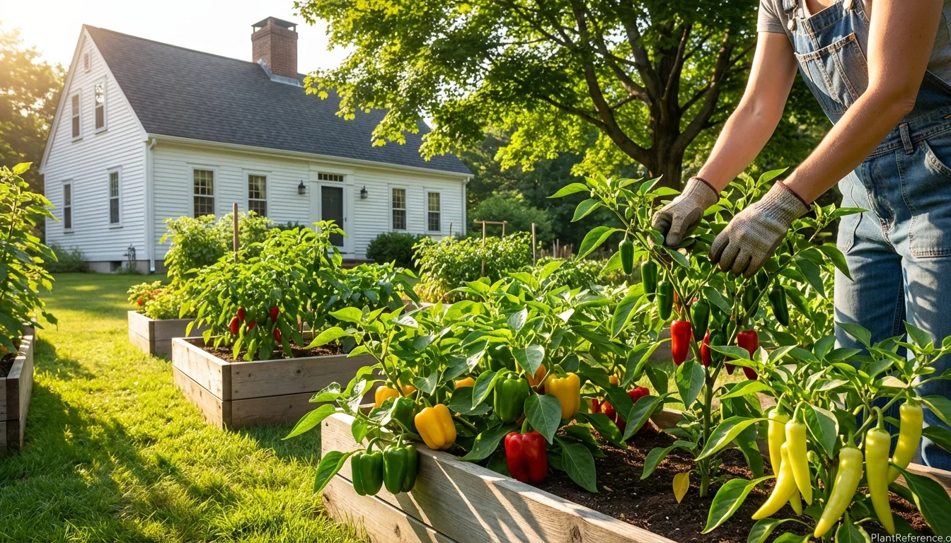 Thriving pepper plants in Boston Zone 6b garden with variety of peppers ready for harvest