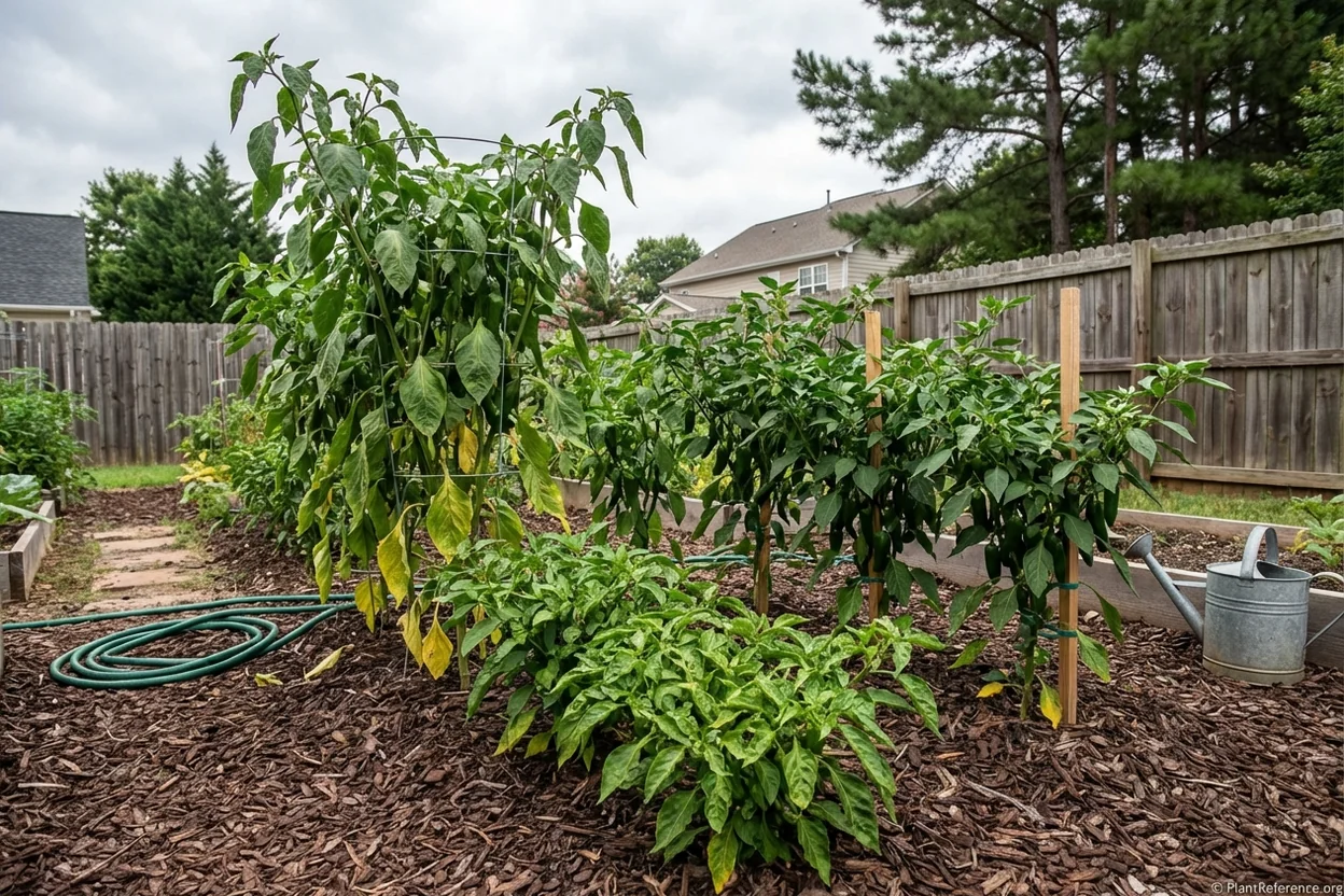 Full-grown pepper plants with stakes and mulch in Charlotte garden showing heat management techniques