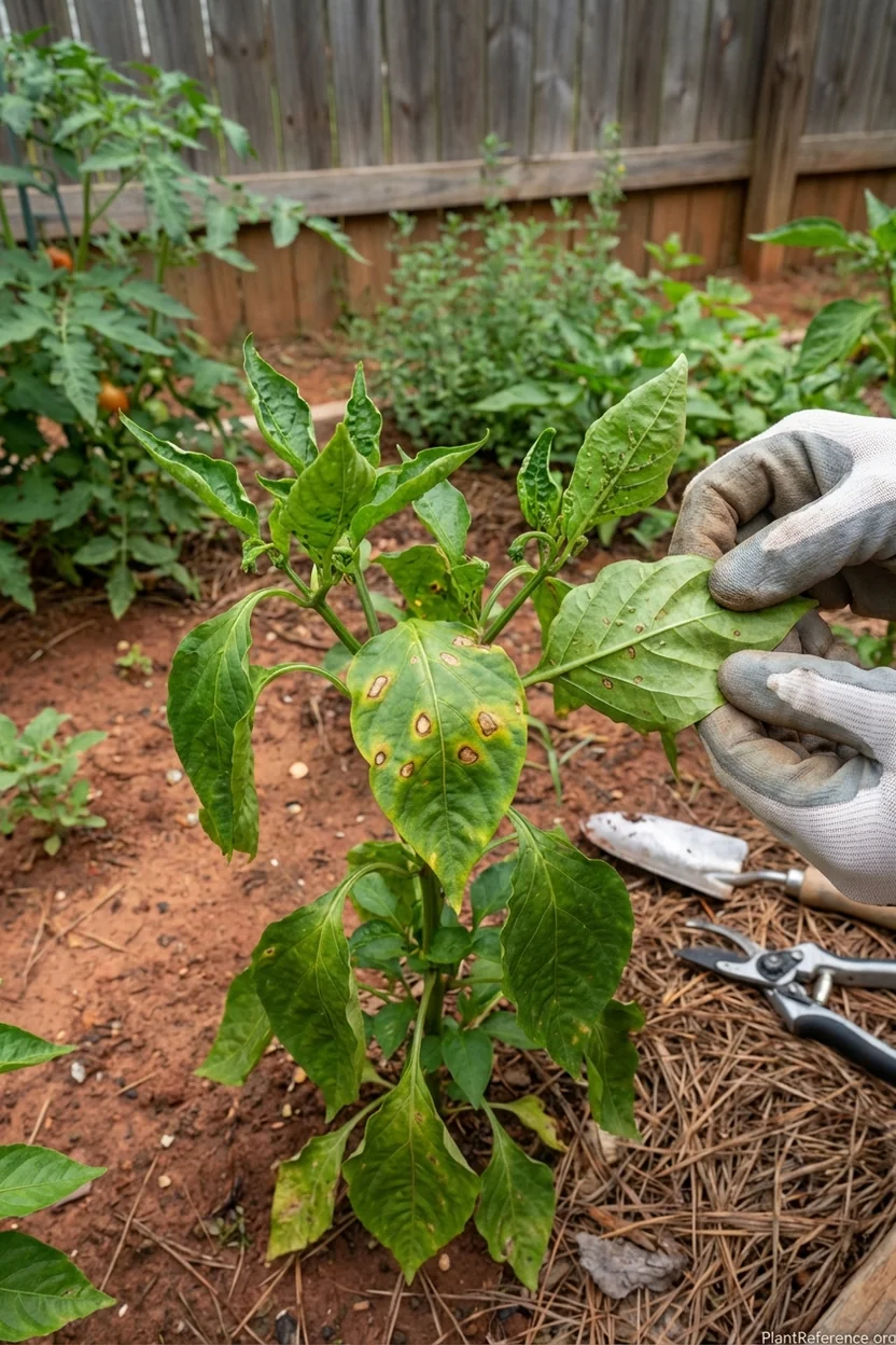 Pepper plant leaves showing bacterial leaf spot and aphid damage common in Charlotte North Carolina