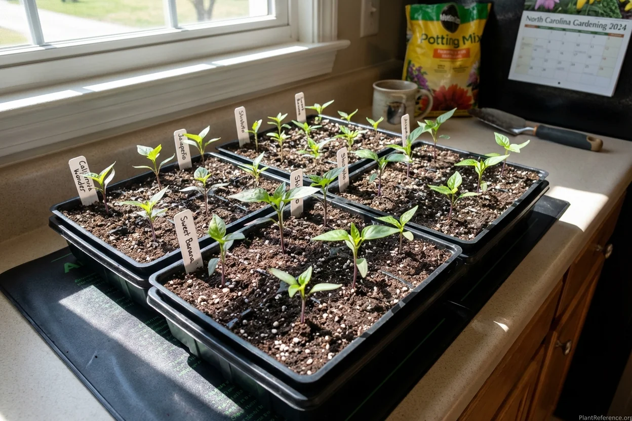 Multiple pepper varieties as seedlings in Charlotte including California Wonder, Jalapeño, and Shishito