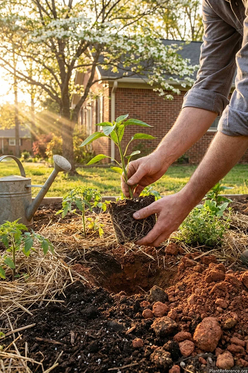 Hands transplanting pepper seedlings into amended clay soil bed in Charlotte garden with compost visible
