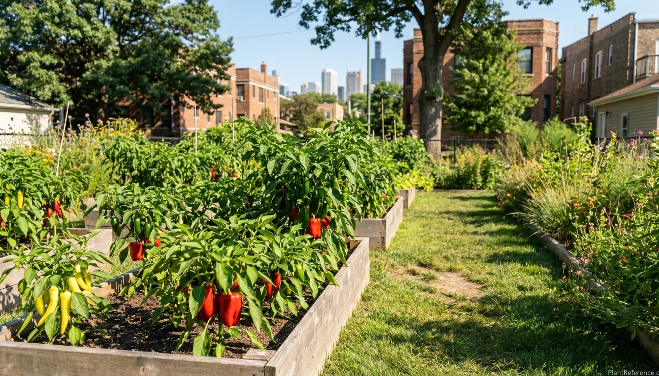 Pepper plants growing in Chicago backyard garden with downtown skyline in background