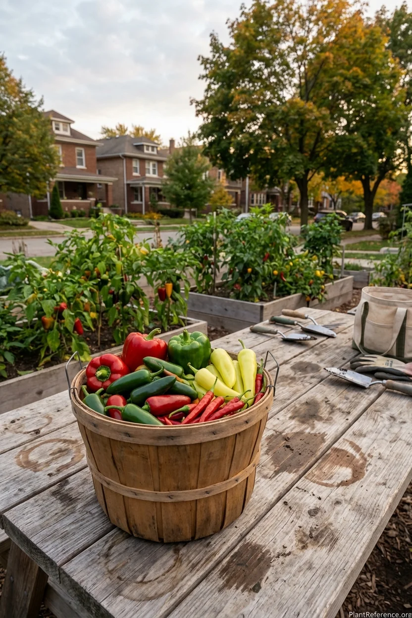 Wooden harvest basket filled with colorful peppers including bells, jalapeños, and banana peppers from Chicago garden