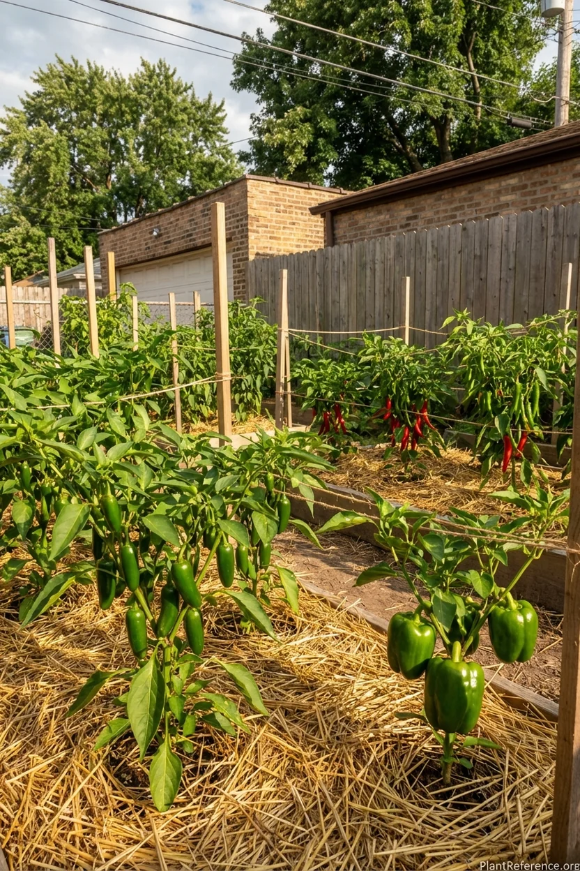 Mature pepper plants with organic mulch around base in Chicago residential garden
