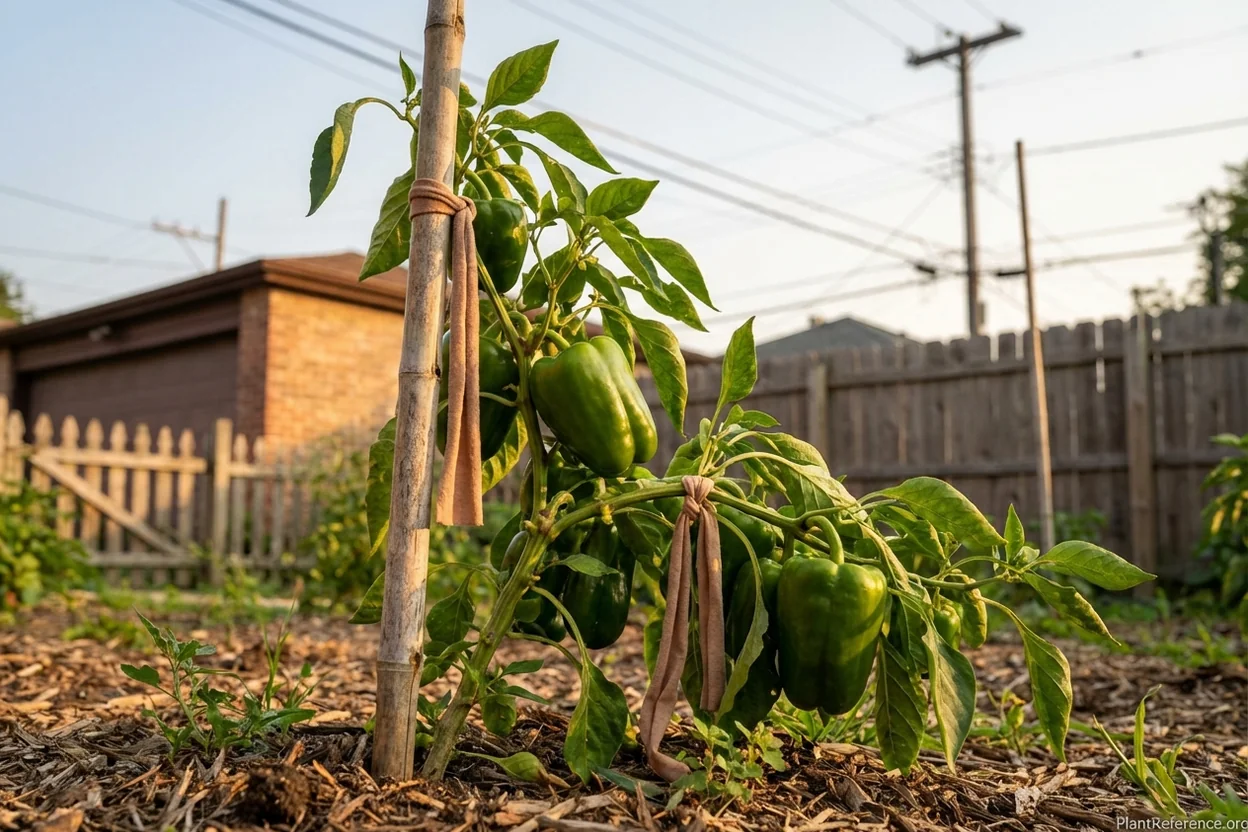 Pepper plant with bamboo stake and soft ties supporting heavy fruit load in Chicago garden