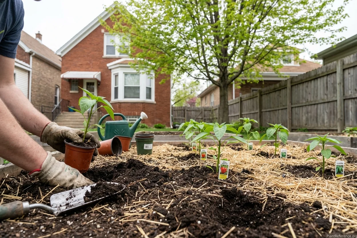 Hands transplanting pepper seedlings into Chicago garden bed in May with proper spacing