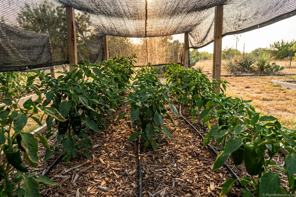 Dallas pepper garden showing shade cloth and drip irrigation setup for summer heat protection