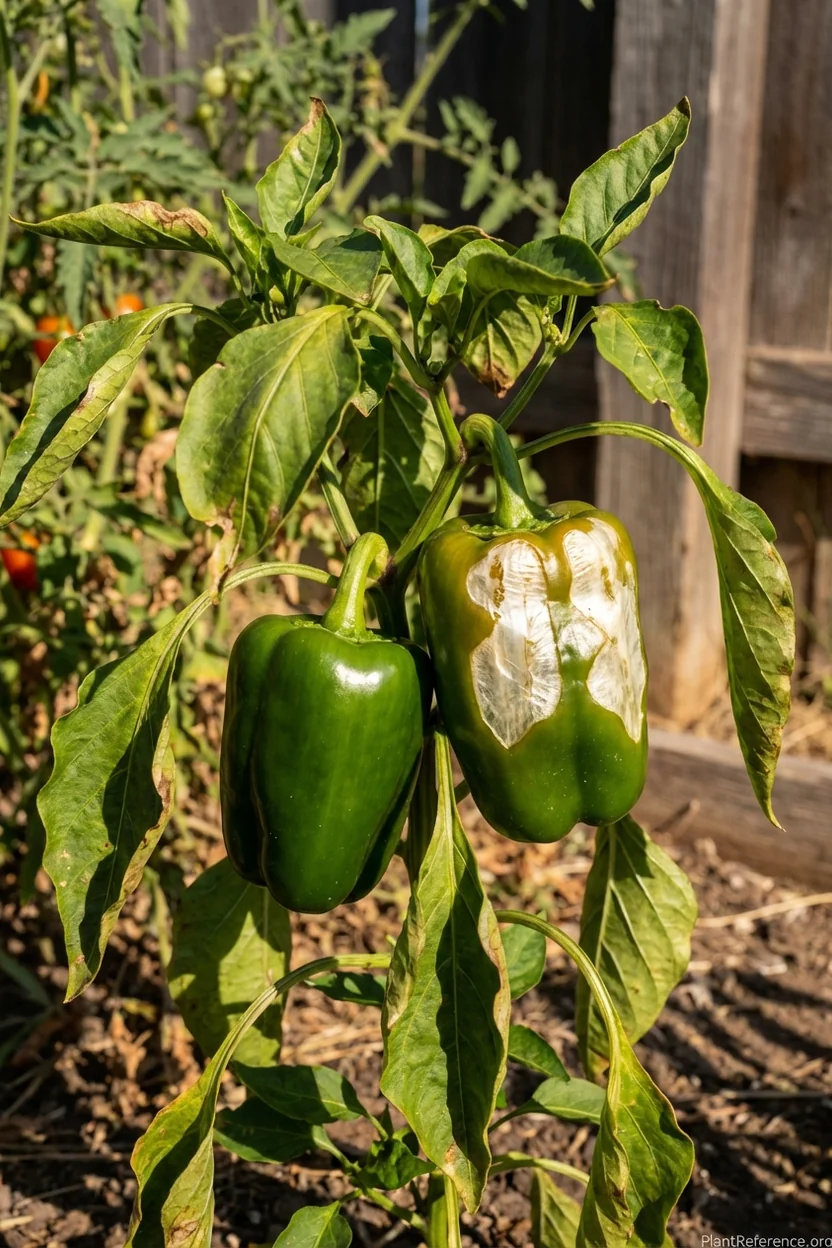 Side-by-side comparison of healthy pepper and sunscald-damaged pepper in Dallas garden showing UV damage