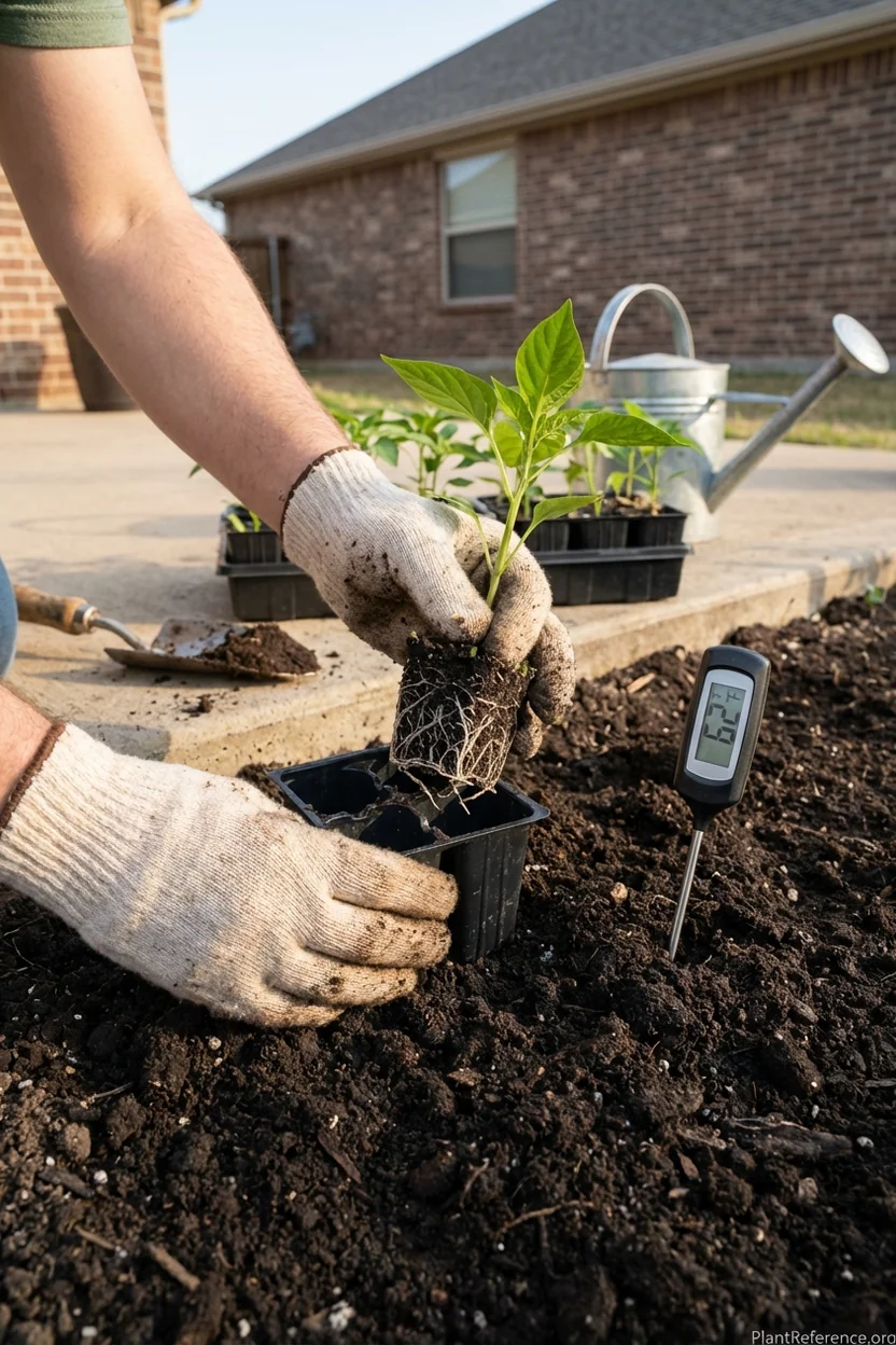 Gardener transplanting pepper seedlings in Dallas garden with soil thermometer showing 60°F temperature