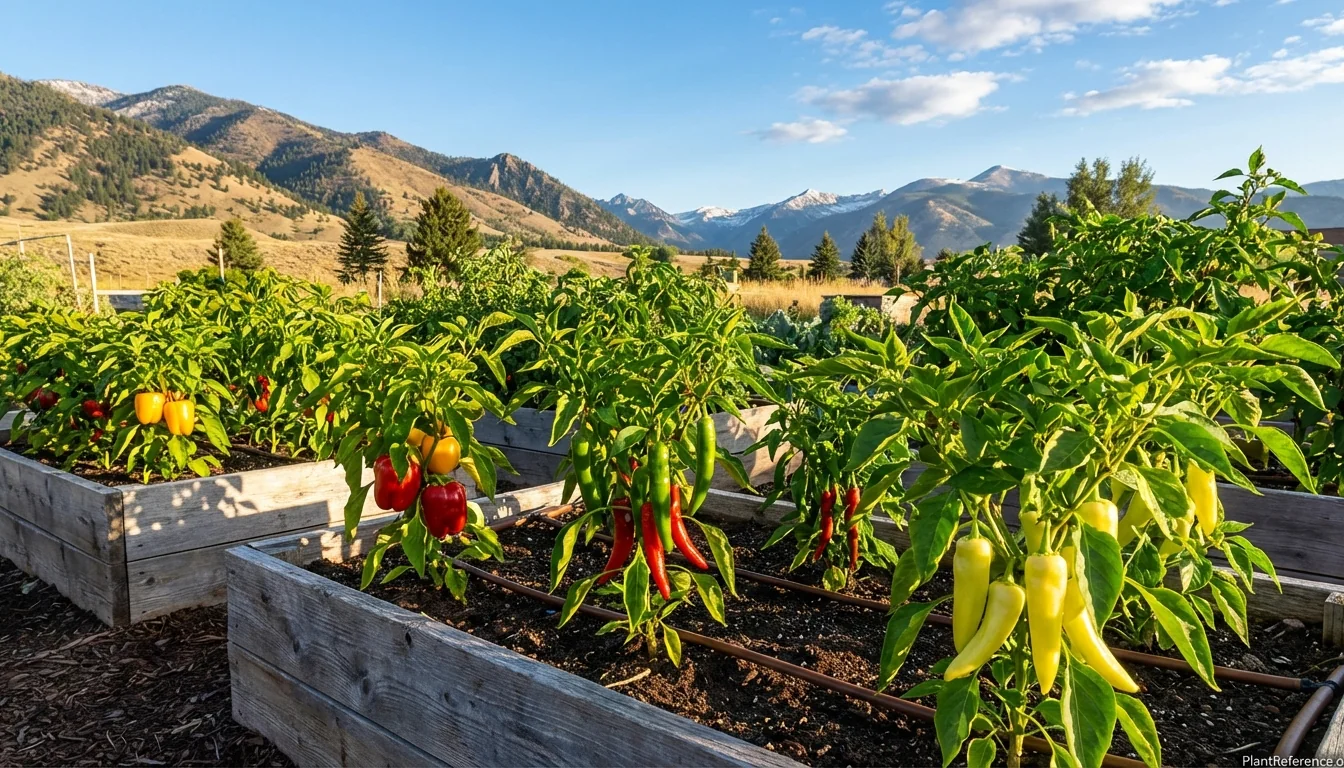 Pepper plants growing in Denver garden with Rocky Mountains backdrop showing Zone 5a cultivation