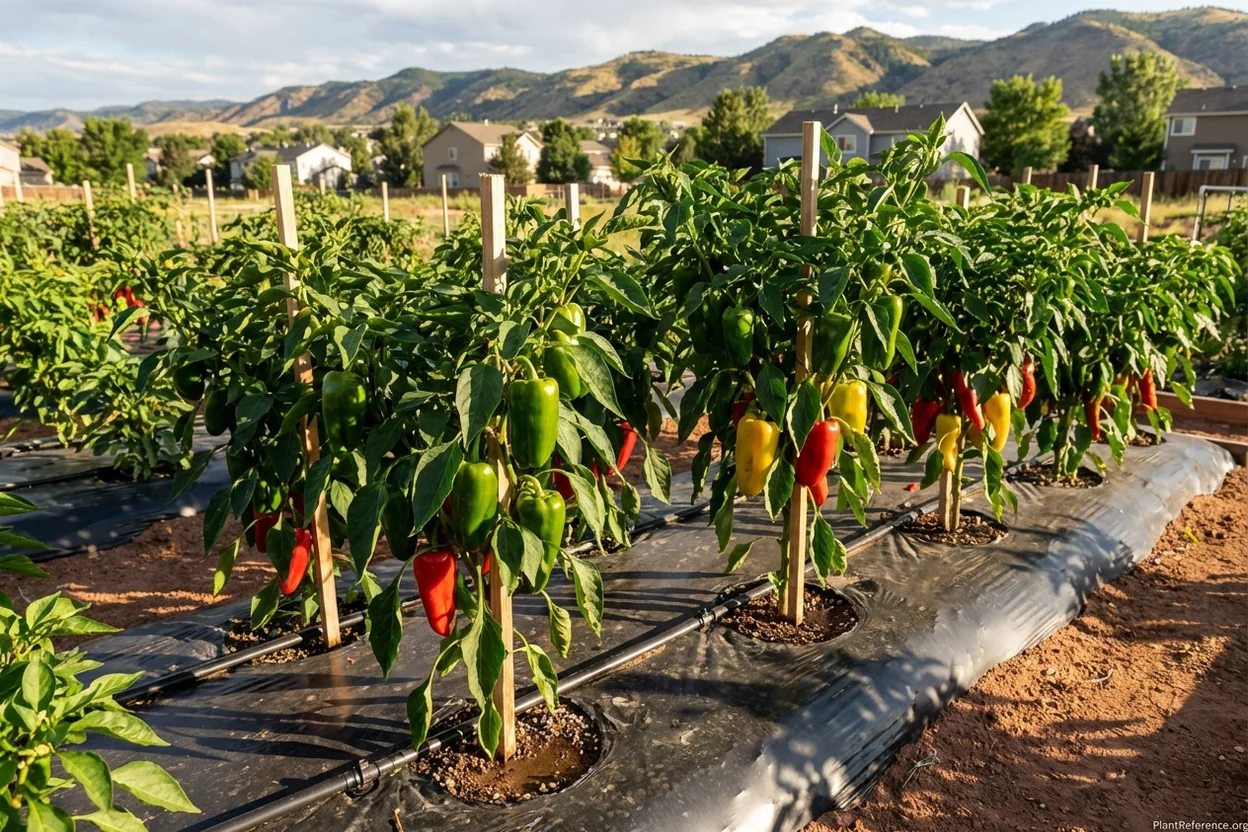 Denver pepper garden showing black plastic mulch and drip irrigation setup for Zone 5a growing success
