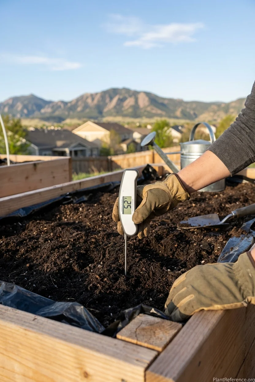 Gardener measuring soil temperature in Denver garden to determine optimal pepper planting time in Zone 5a