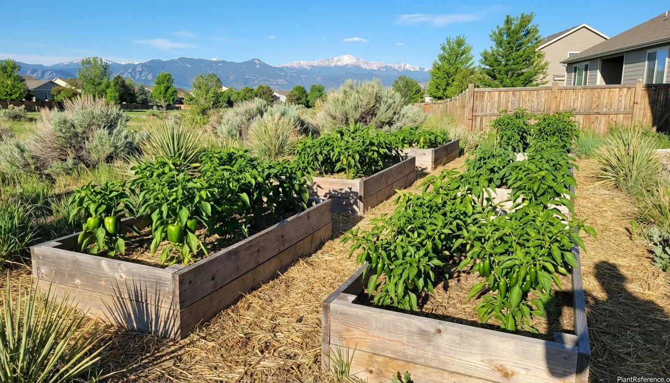 Pepper plants growing in Denver garden with Colorado mountains in background