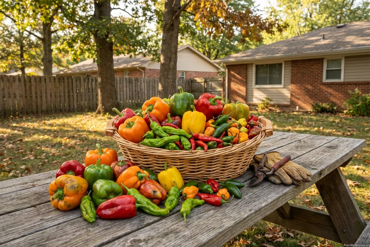 Diverse pepper harvest from Indianapolis Zone 5b garden showing successful varieties