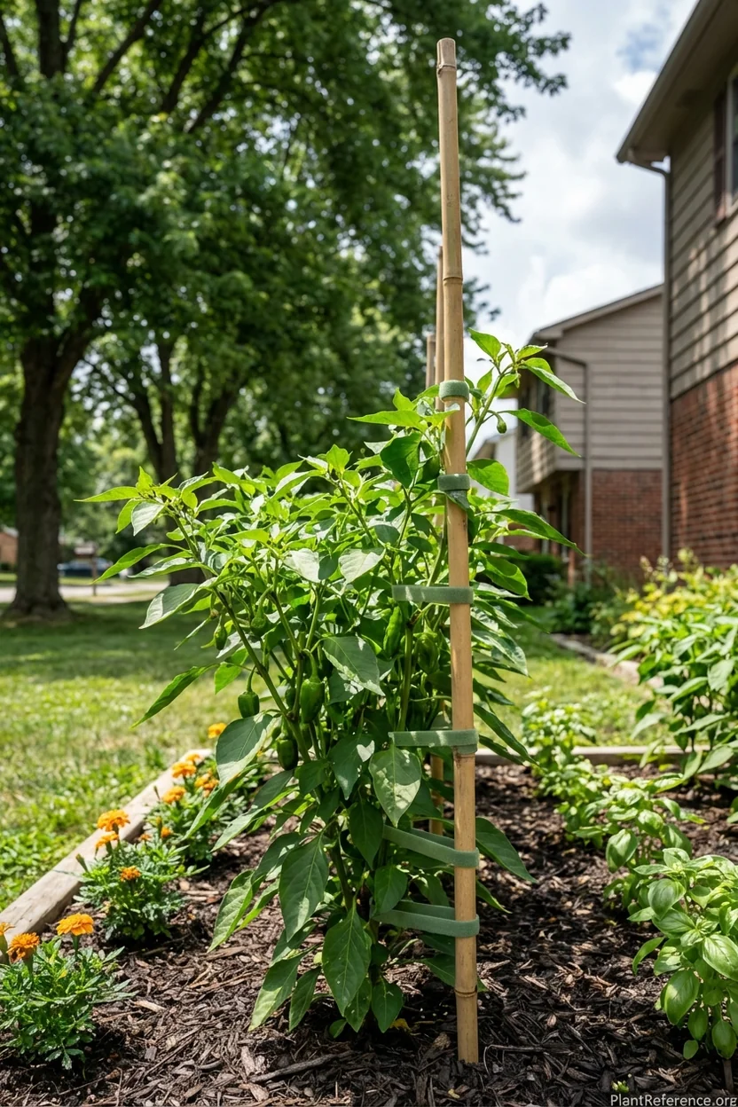 Properly staked pepper plant in Indianapolis garden showing support method