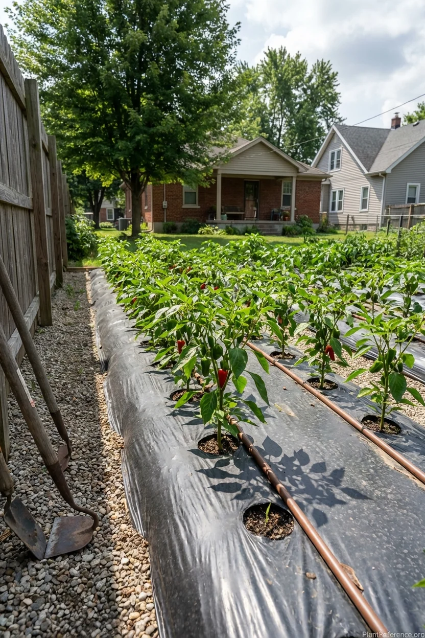 Pepper plants growing with black plastic mulch for soil warming in Zone 5b