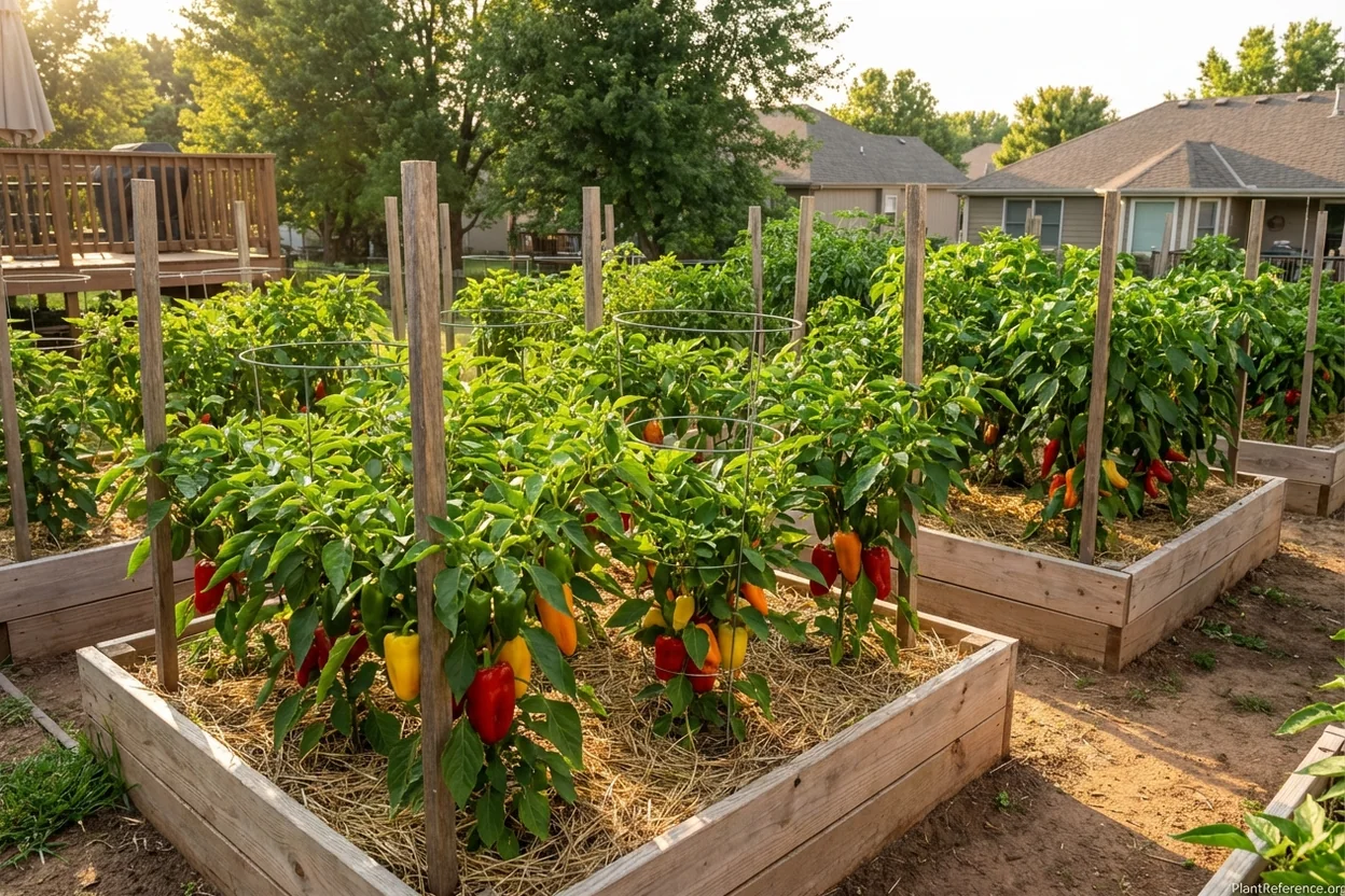 Properly spaced pepper plants with mulch and supports in Kansas City Zone 6a garden